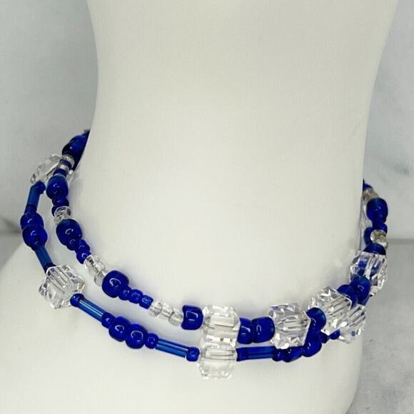 Blue and Clear Beaded Double Strand Silver Tone Toggle Bracelet - Picture 4 of 6